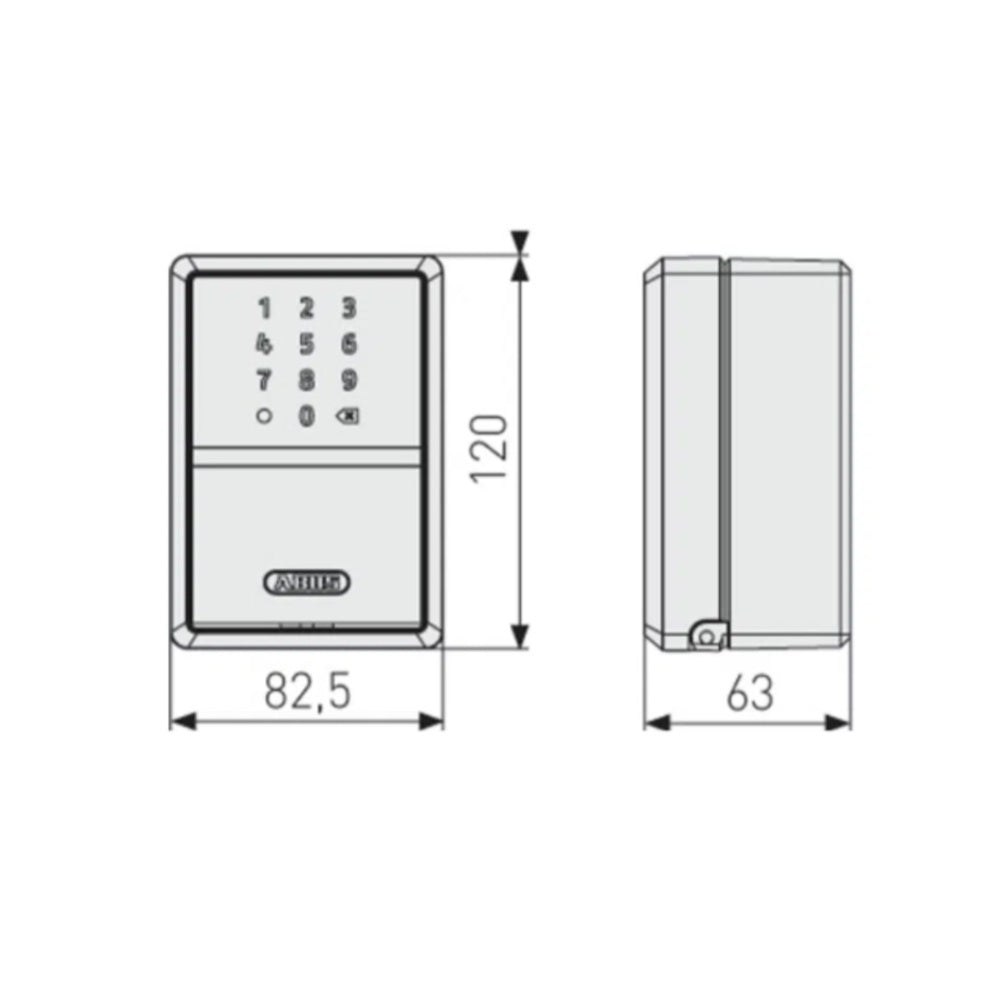 Schéma des dimensions de la boîte à clés ABUS KeyGarage 787 Smart 120 x 82,5 x 63 mm
