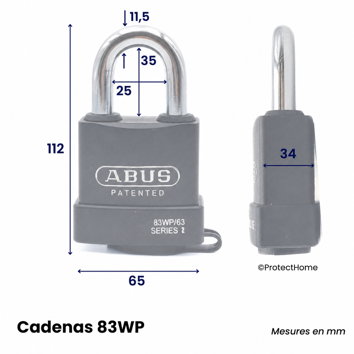Dimensions du cadenas ABUS 83WP/63 avec mesures en millimètres