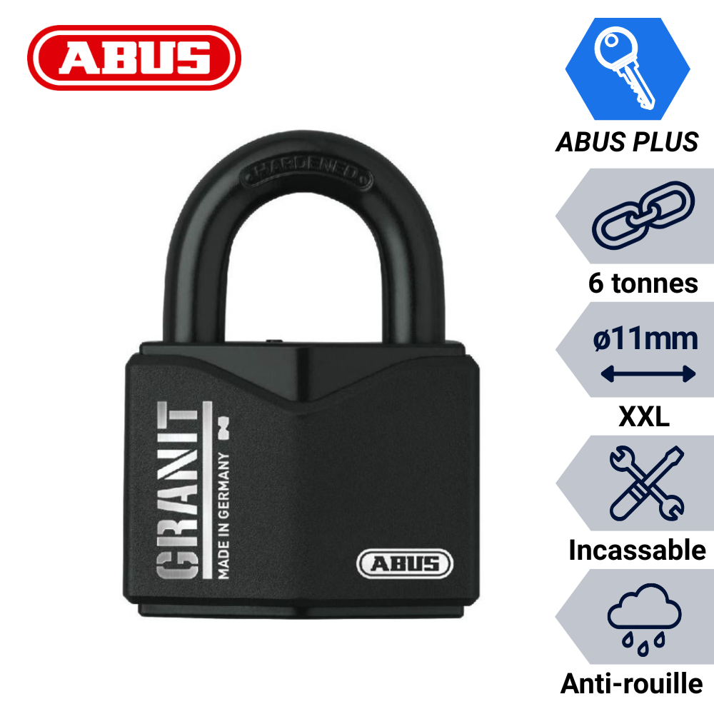 Cadenas ABUS Granit 37/55 haute sécurité avec anse large, cylindre ABUS Plus et protection anti-rouille