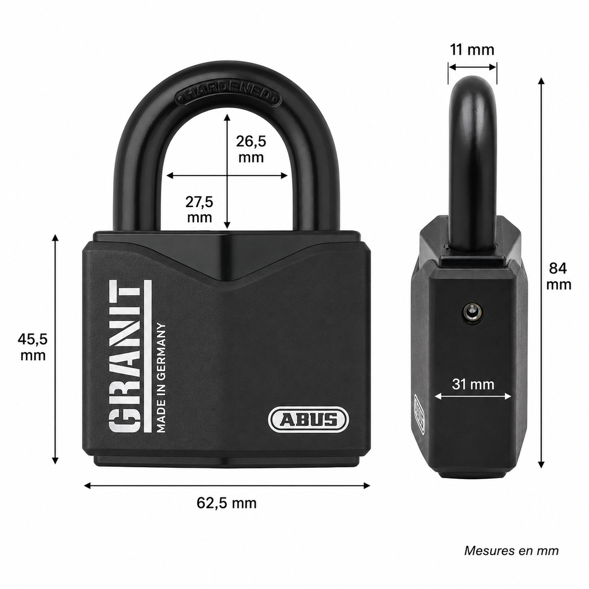 Dimensions du cadenas ABUS Granit 37/55 avec largeur, hauteur, épaisseur et ouverture de l’anse en mm