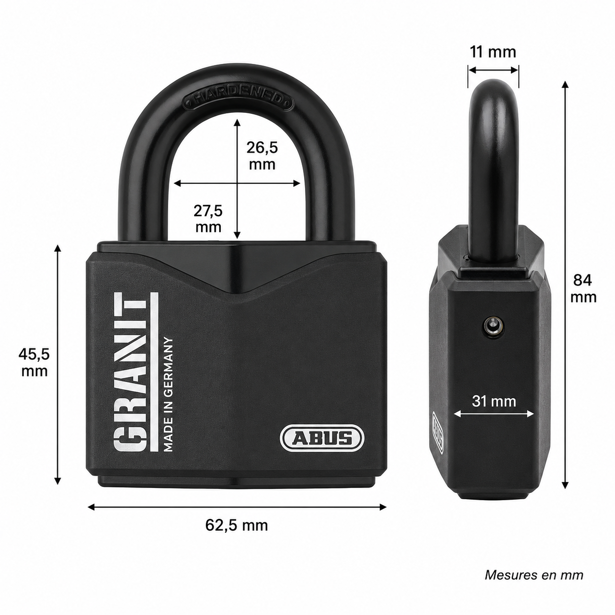 Dimensions du cadenas ABUS Granit 37/55 avec largeur, hauteur, épaisseur et ouverture de l’anse en mm