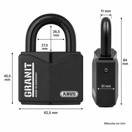 Dimensions du cadenas ABUS Granit 37/55 avec largeur, hauteur, épaisseur et ouverture de l’anse en mm