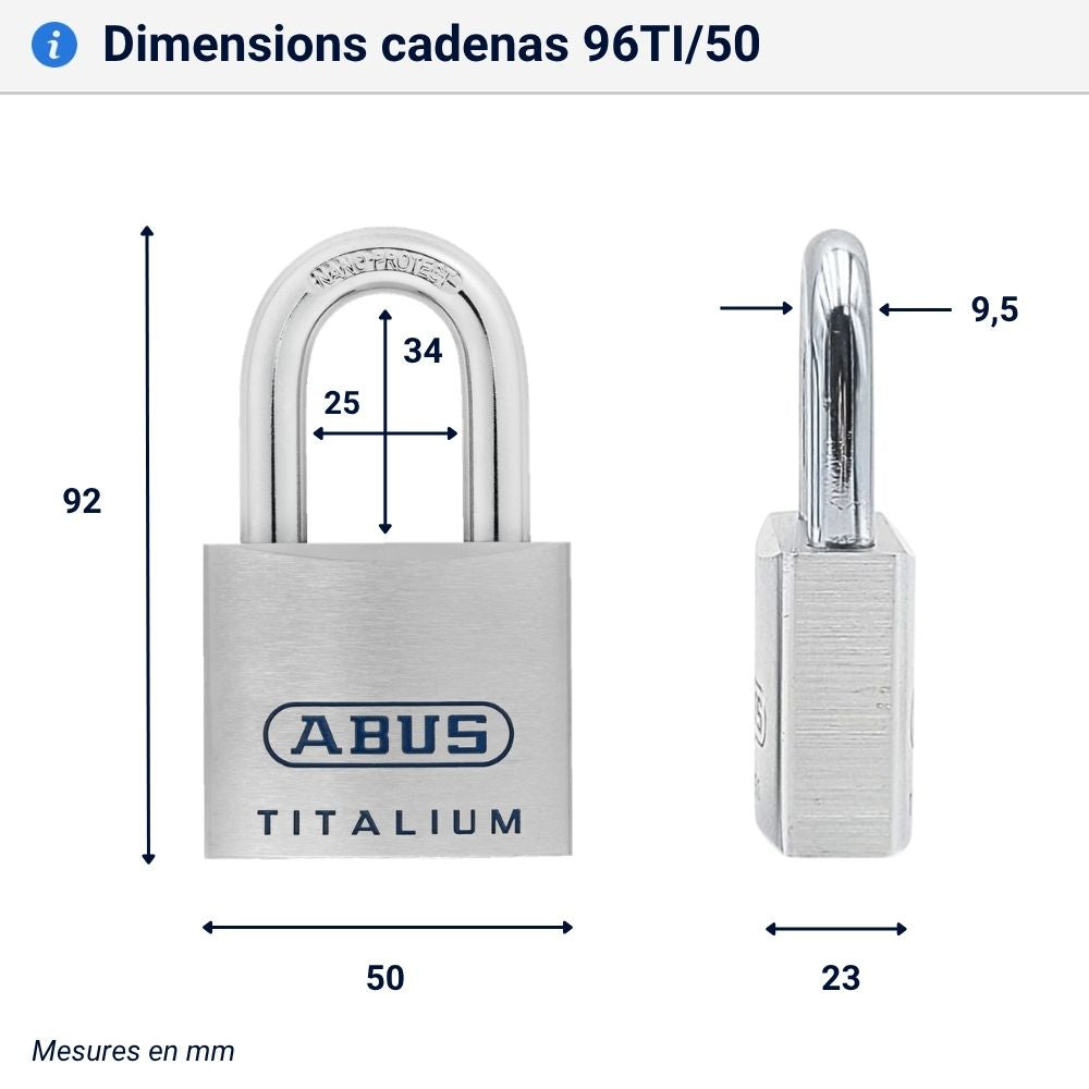 Cadenas Abus Titalium 96TI dimensions modèle 50 mm