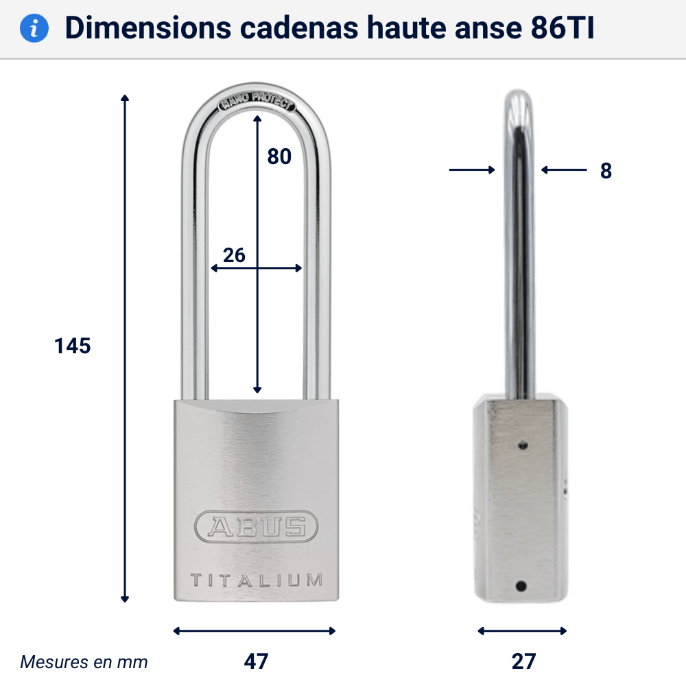 Cadenas demi cylindre Abus 86TI dimensions