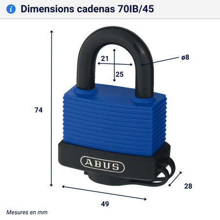 Cadenas extérieur Abus 70IB modèle 45 mm dimensions