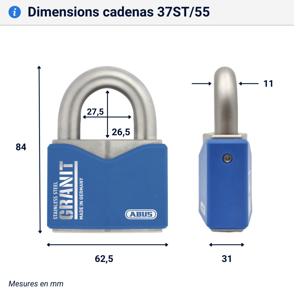 Cadenas extérieur anticorrosion Abus 37ST/55 dimensions