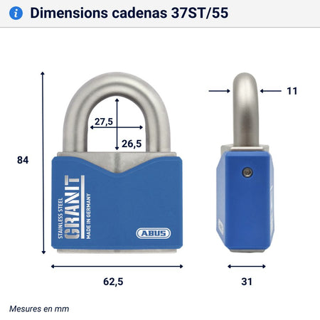 Cadenas extérieur anticorrosion Abus 37ST/55 dimensions