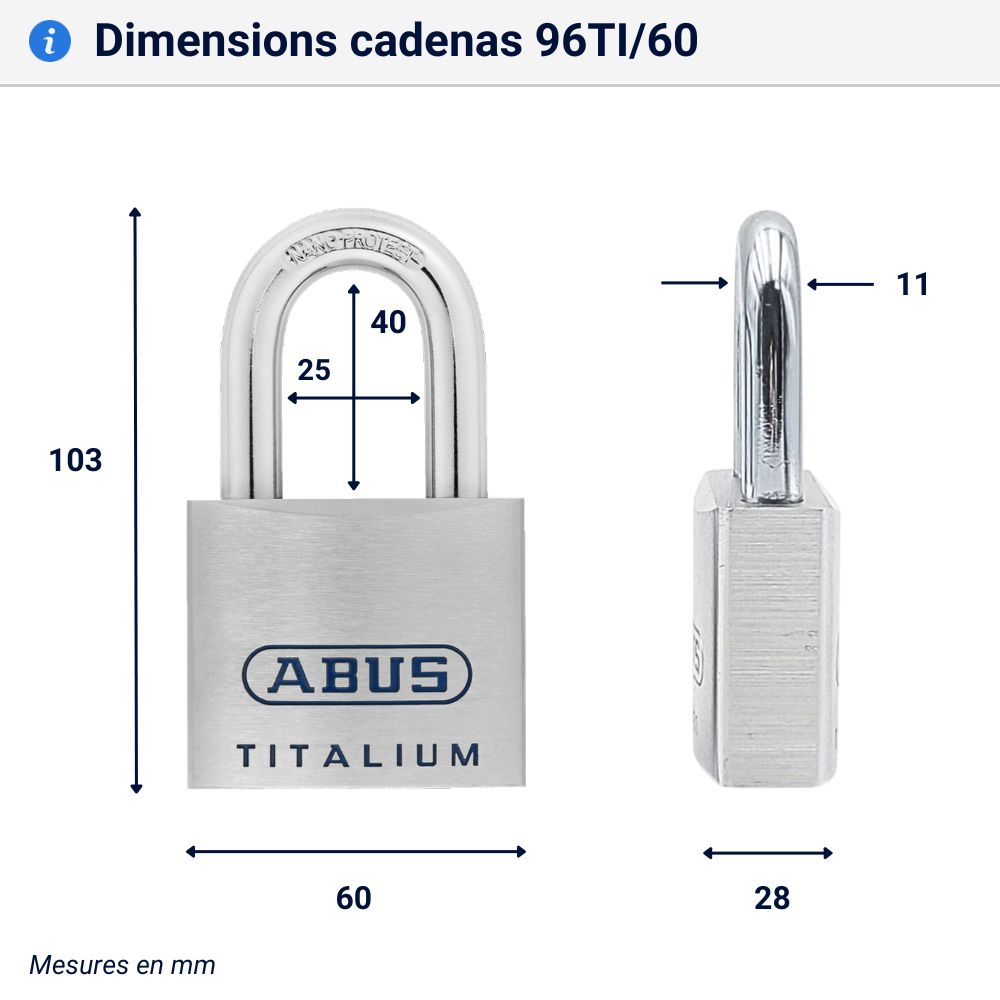 Cadenas haute sécurité Titalium 96TI dimensions modèle 60 mm