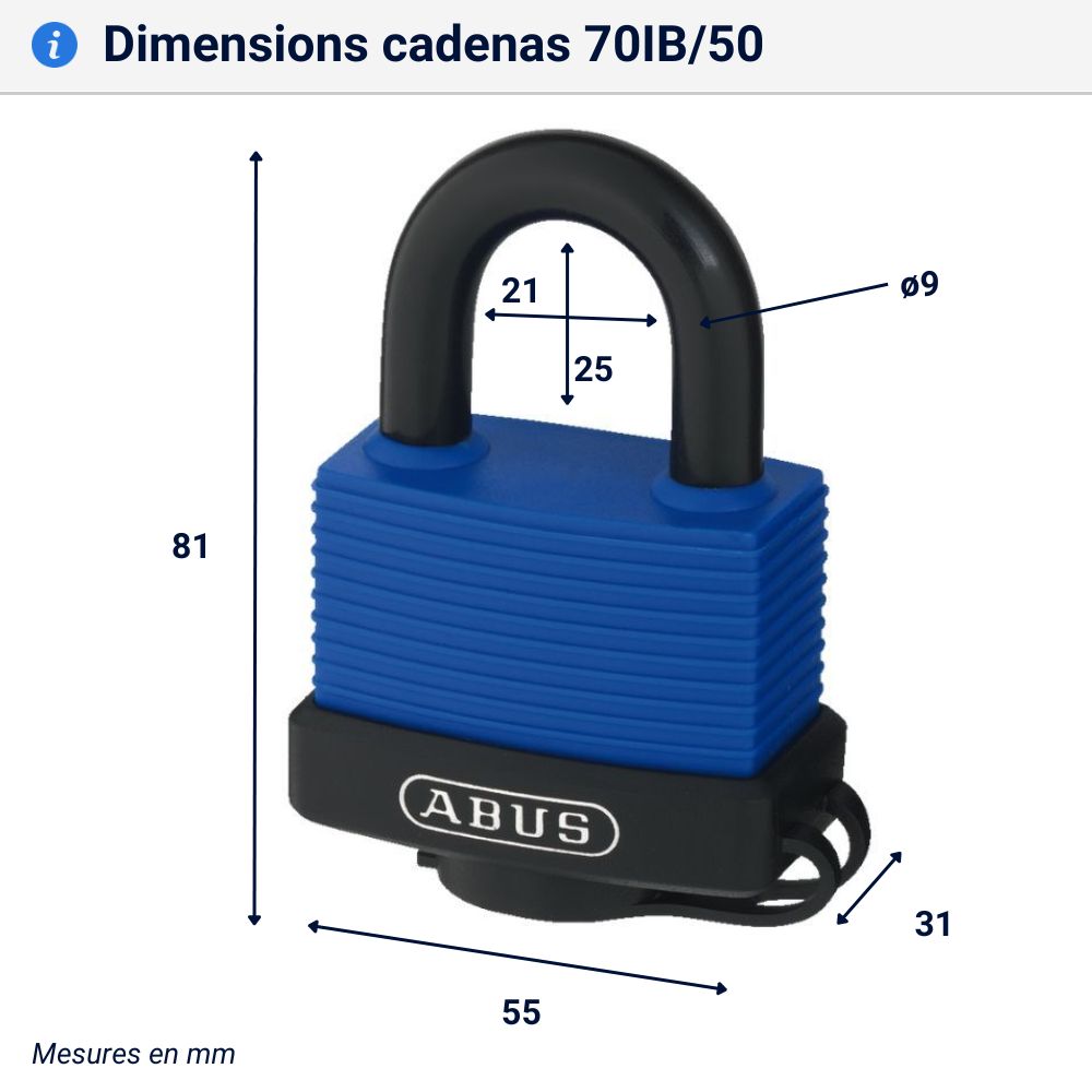 Cadenas milieu salin Abus 0IB modèle 50 mm dimensions