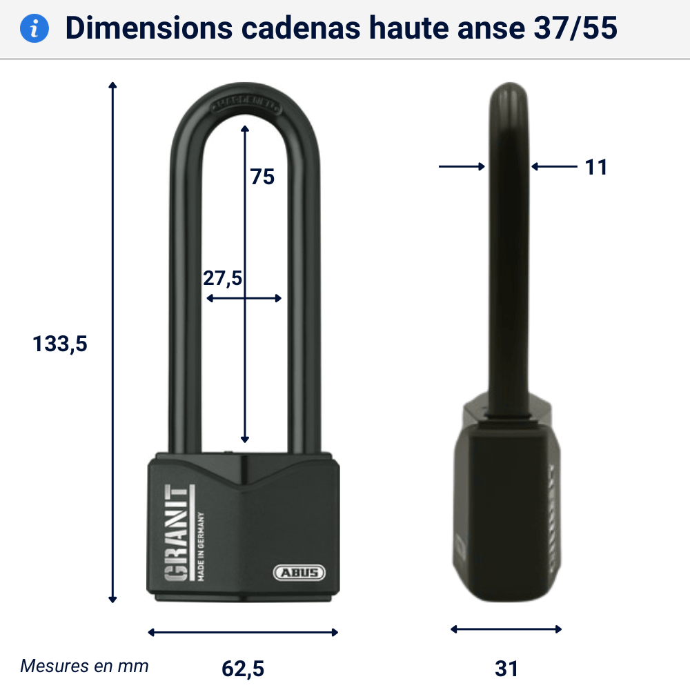 Cadenas très haute sécurité Granit 37/55HB dimensions