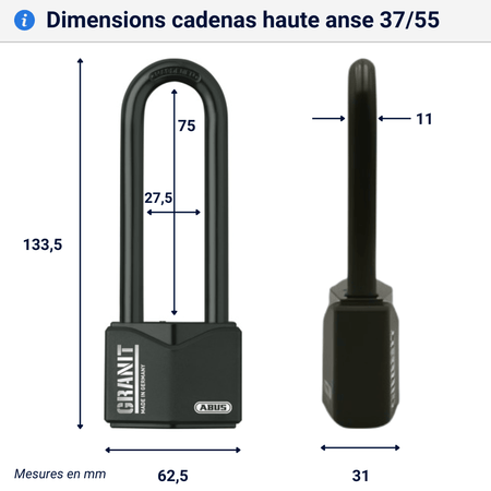 Cadenas très haute sécurité Granit 37/55HB dimensions
