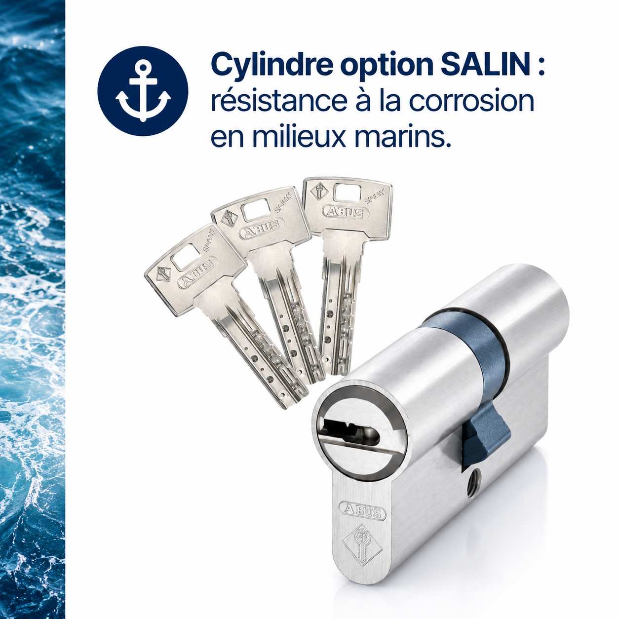 Cylindre de serrure ABUS avec trois clés réversibles, conçu pour la haute sécurité des portes standard