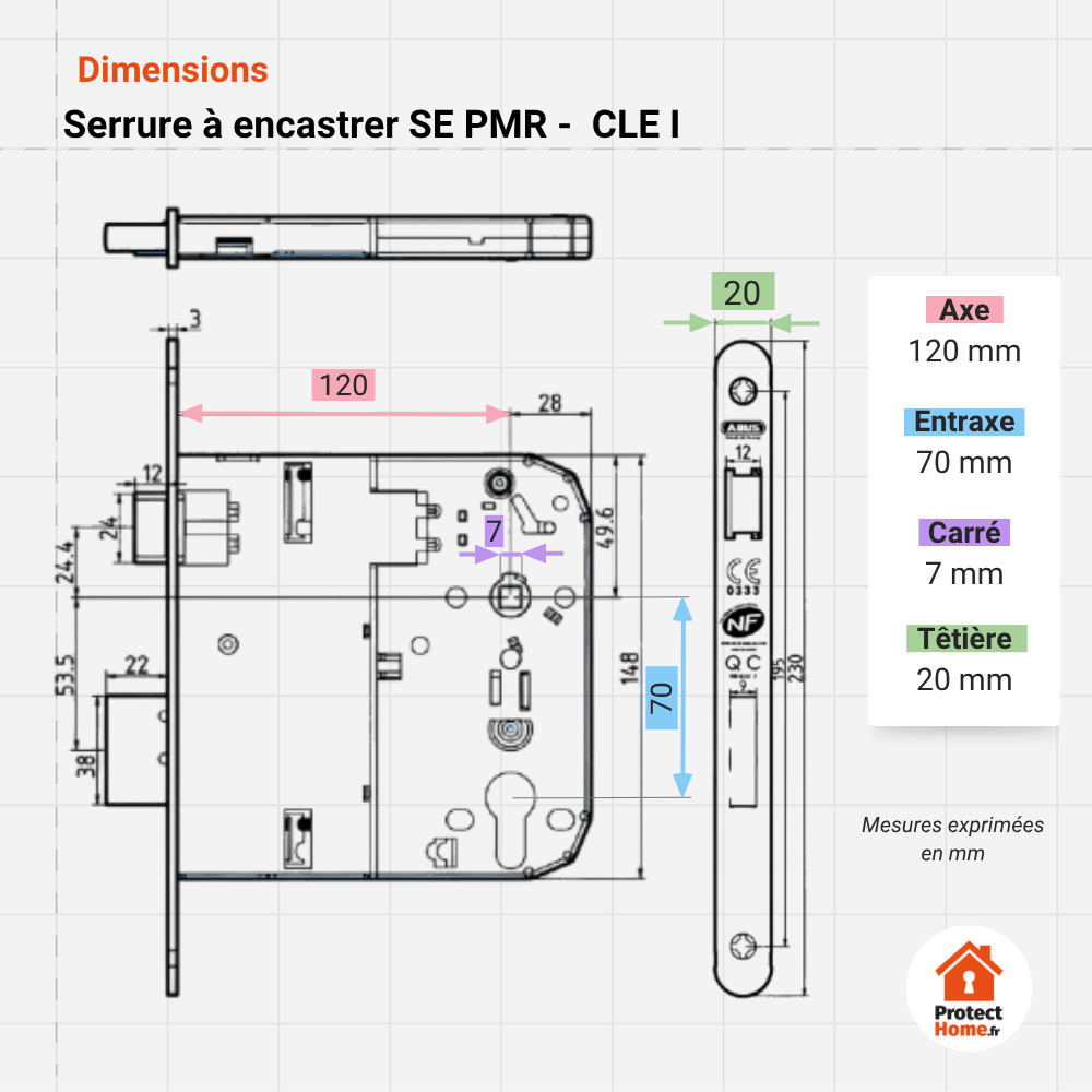 schema des mesures de la serrure encastrée PMR ABus se pmr. Axe 120. Carre de poignée 7 mm. Entraxe 70 mm. Tetiere 20 mm. Pour personne mobilité réduite.