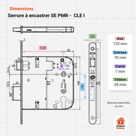 schema des mesures de la serrure encastrée PMR ABus se pmr. Axe 120. Carre de poignée 7 mm. Entraxe 70 mm. Tetiere 20 mm. Pour personne mobilité réduite.