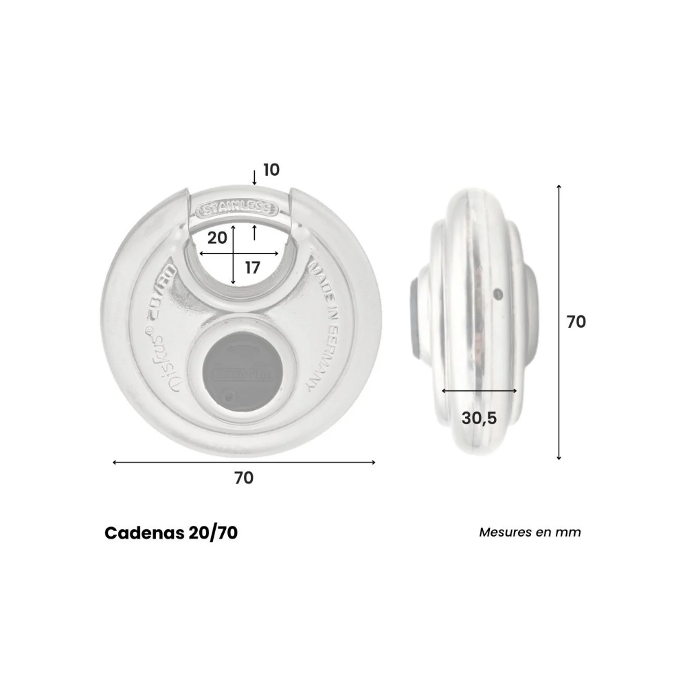 Dimensions du cadenas ABUS Diskus 20/70 avec diamètre, épaisseur et ouverture de l’anse en mm