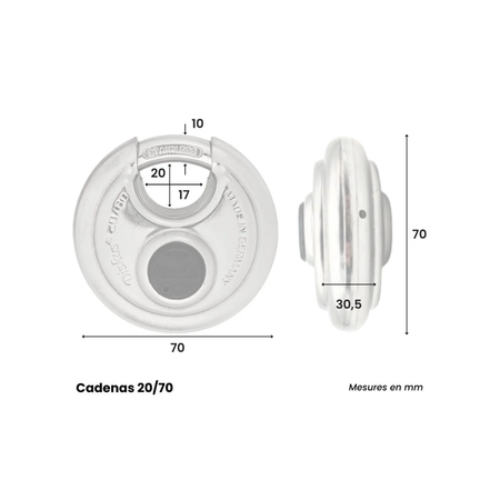 Dimensions du cadenas ABUS Diskus 20/70 avec diamètre, épaisseur et ouverture de l’anse en mm