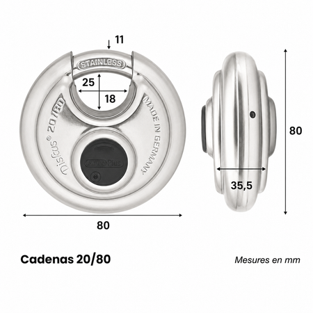 Dimensions du cadenas ABUS Diskus 20/80 avec diamètre, épaisseur et ouverture de l’anse en mm