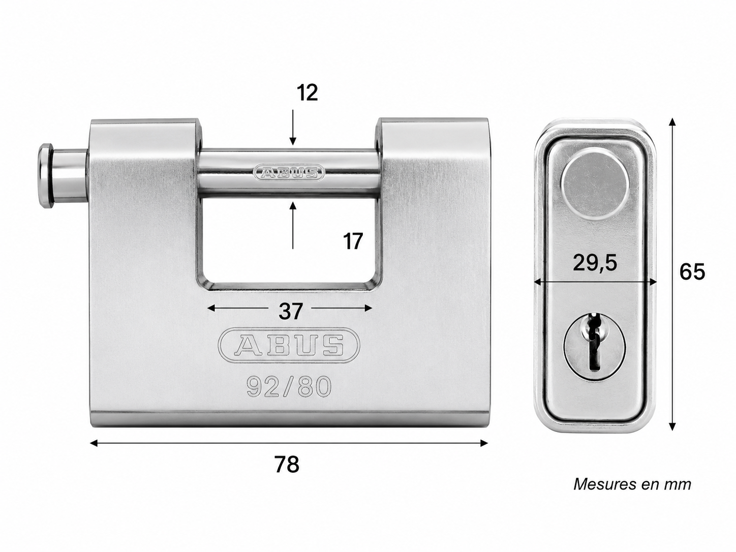 Dimensions du cadenas ABUS 92/80 avec largeur, hauteur, épaisseur et ouverture de l’anse en mm