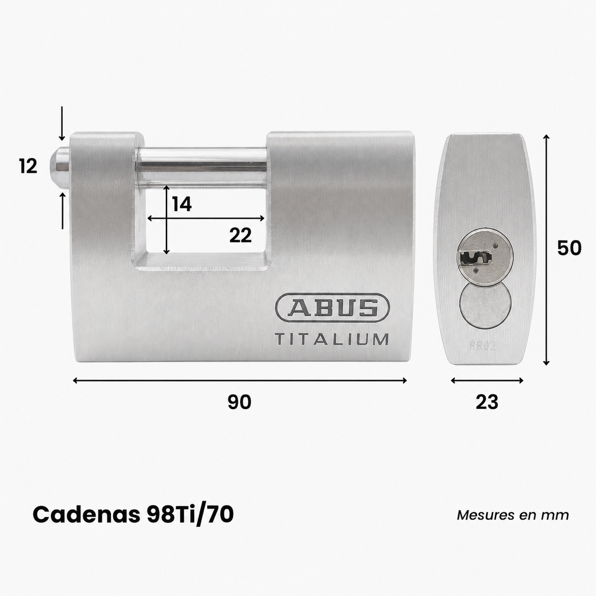 Dimensions du cadenas ABUS 98TI/70 avec largeur, hauteur, épaisseur et ouverture de l’anse en mm