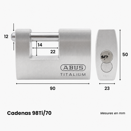Dimensions du cadenas ABUS 98TI/70 avec largeur, hauteur, épaisseur et ouverture de l’anse en mm