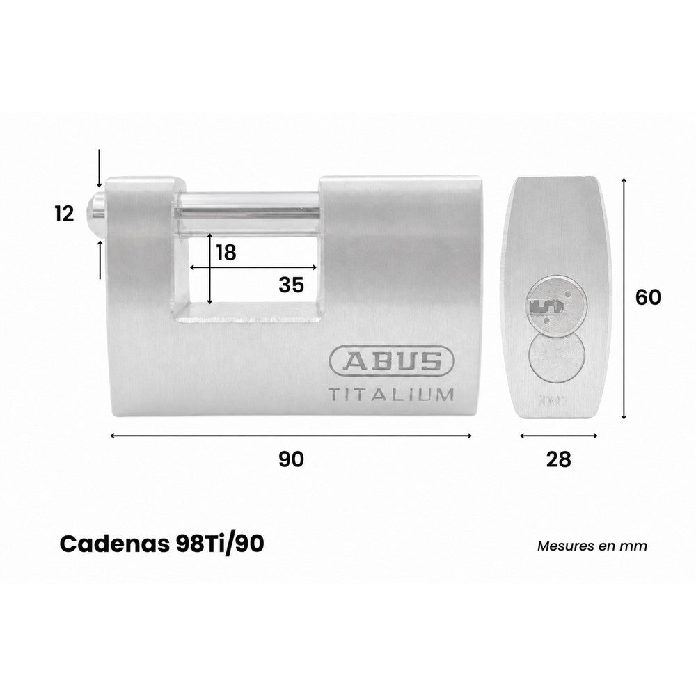 Dimensions du cadenas ABUS 98TI/90 avec largeur, hauteur, épaisseur et ouverture de l’anse en mm