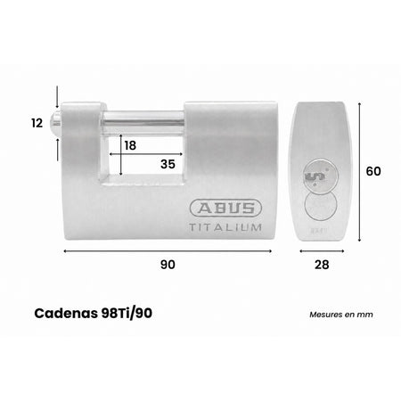 Dimensions du cadenas ABUS 98TI/90 avec largeur, hauteur, épaisseur et ouverture de l’anse en mm