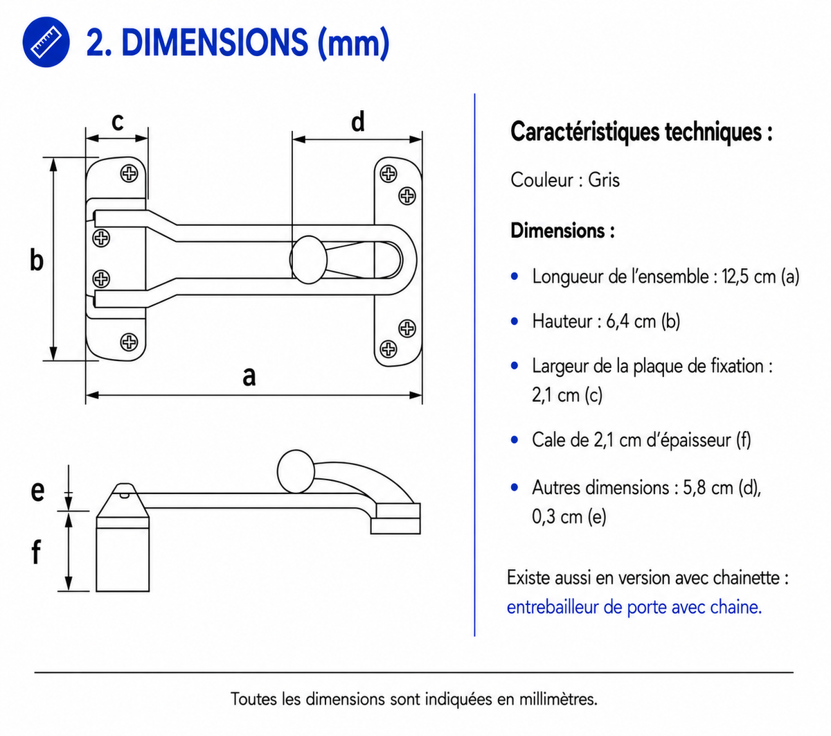 Schéma des dimensions de l’entrebâilleur de porte ABUS SPN110-21