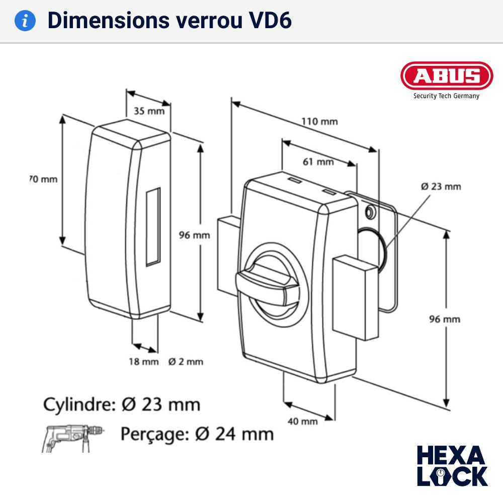 Dimensions verrou de porte traversant VD6