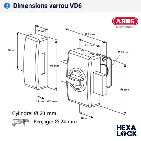 Dimensions verrou de porte traversant VD6