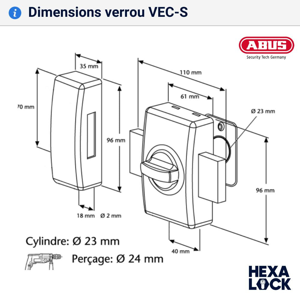 Dimensions verrou porte Abus VEC-S bouton