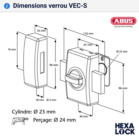 Dimensions verrou pour porte VEC S cylindre Abus