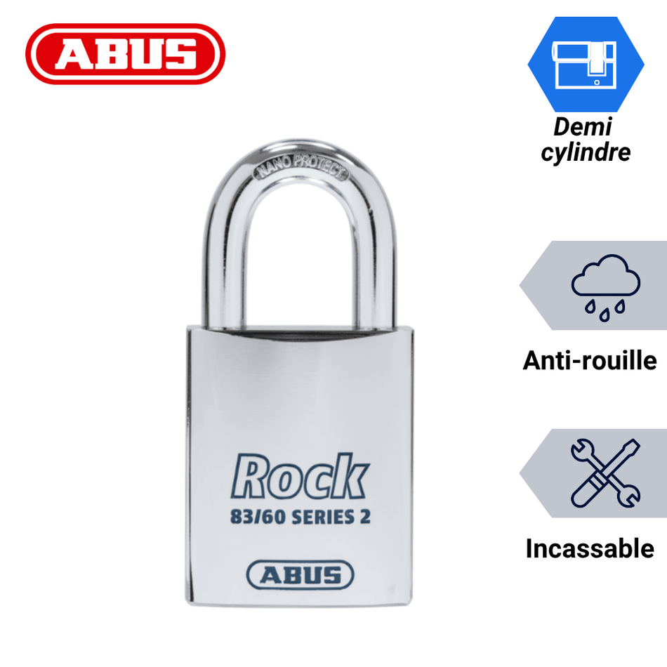 Cadenas ABUS Rock 83/60-5 sans cylindre haute sécurité pour demi-cylindre