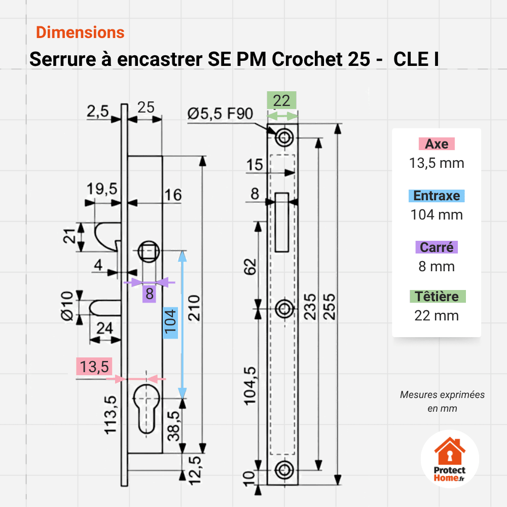 schema de mesure des dimensions de la serrue à crochet encastraable abus se pm. Axe 13.5 mm. Entraxe 104 mm. Carré de poignée 8 mm. Tetiere 22 mm 