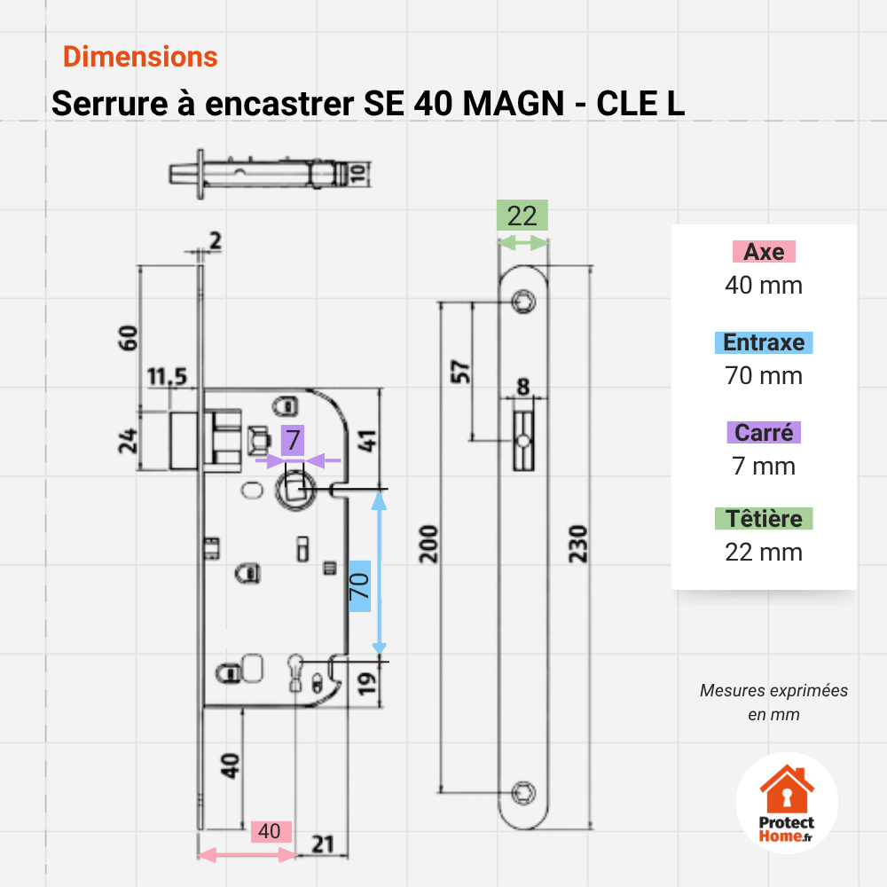 Schame de mesures des dimensions de la serrure a encastrer abus clé L, se magn. Axe 40 mm. Carré 7 mm. Entraxe 70 mm. Tetiere 22 mm.