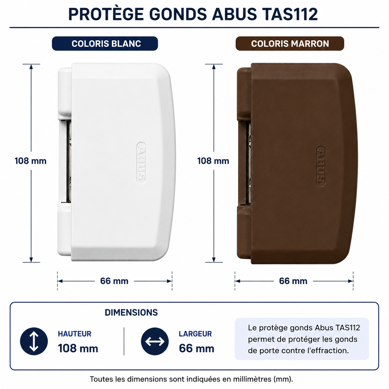 Comparatif des coloris blanc et marron du protège-gonds ABUS TAS112 avec dimensions