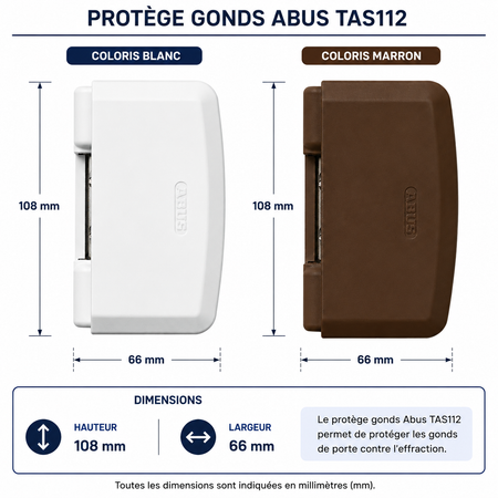 Comparatif des coloris blanc et marron du protège-gonds ABUS TAS112 avec dimensions