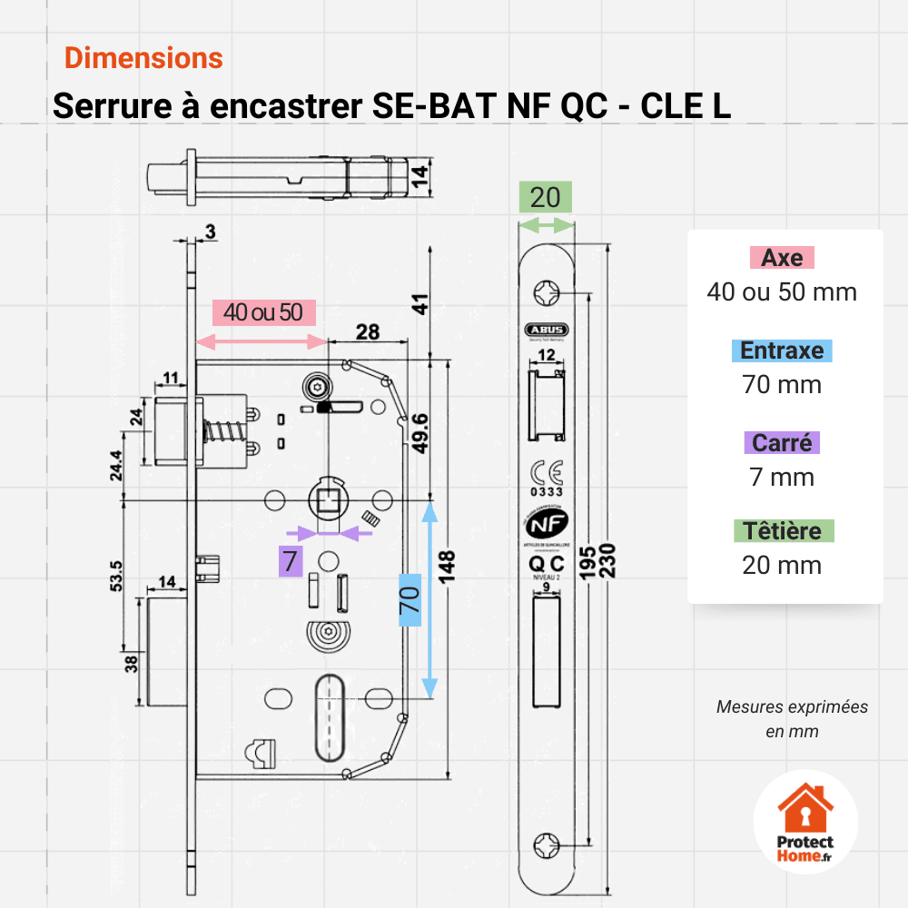 schema des dimensions de mesures de la serrure encastree pour chambre abus sebat nfqc. Axe 40. Axe 50. Carré 7. Tetiere 20.