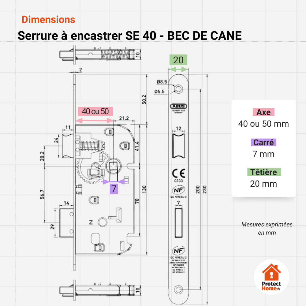 schéma des mesures de dimensions de la serrure a larder encastrable bec de cane se. Axe 40. Axe 50. Carré 7mm. tetiere 20 mm.