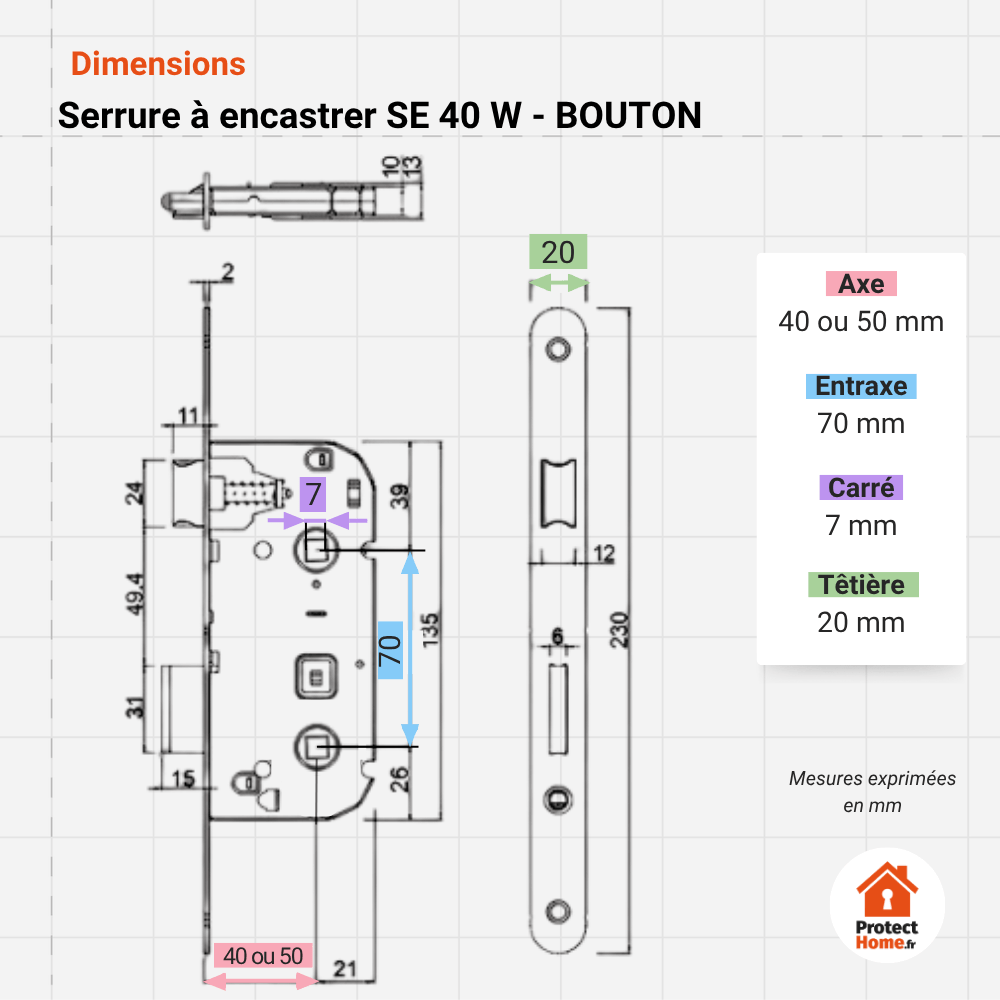 schema des mesured des dimensions de la serrure encastrable abus se bdcc. Axe 40. Axe 50. Entraxe 70 mm. Carré 7 mm. Tetiere 20 mm.
