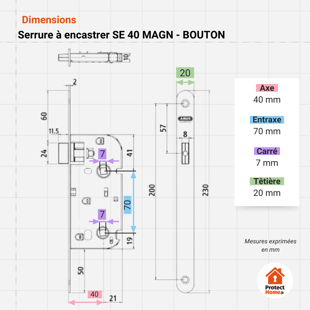 Schema de mesures de la serrure magnetique se magn  abus a condamnatiion. Axe 40. Entraxe 70. Carre 7 mm. Tetiere 20.