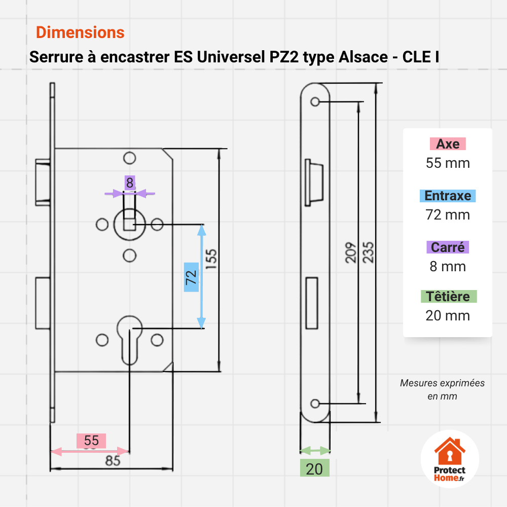 schema des dimesions de la serrure encastrable esk pz2. Axe 55 mm. Entraxe 72 mm. Carre de poignee 8 mm. Tetiere 20 mm.