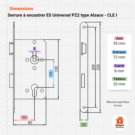 schema des dimesions de la serrure encastrable esk pz2. Axe 55 mm. Entraxe 72 mm. Carre de poignee 8 mm. Tetiere 20 mm.