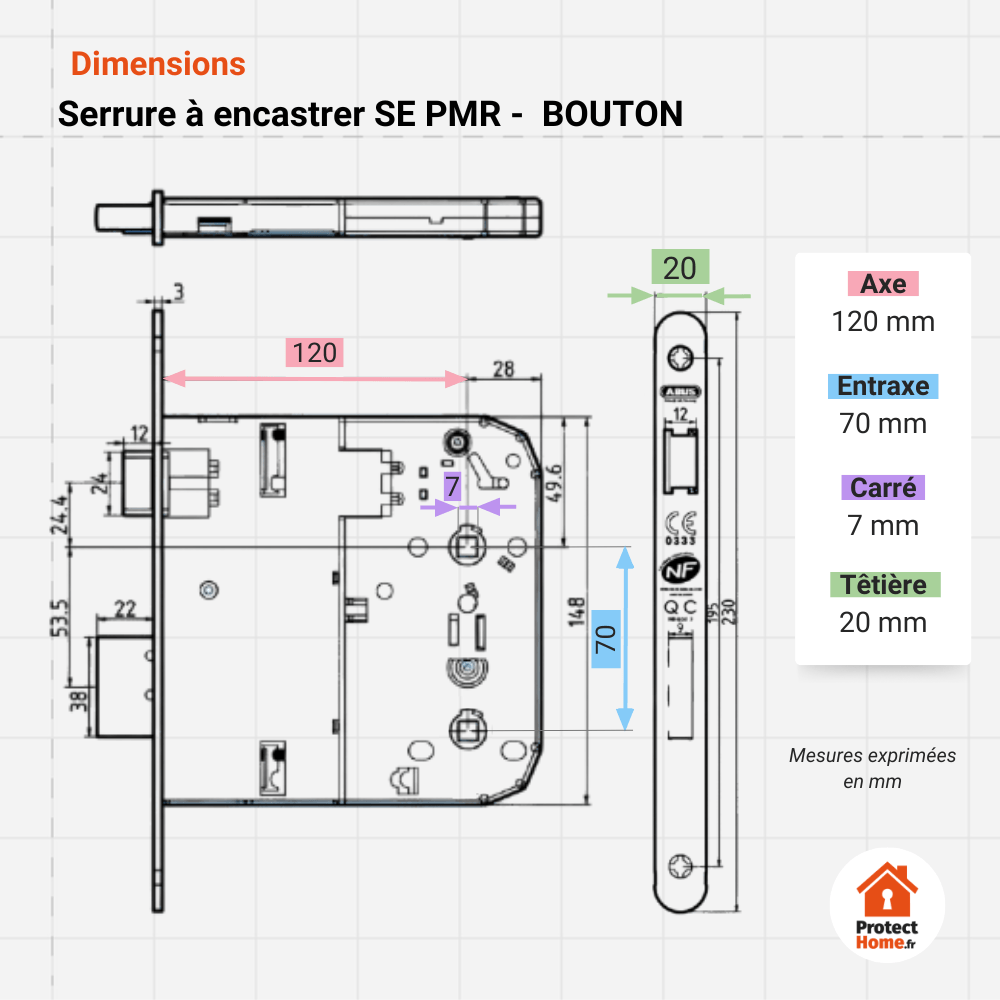 schema des mesure de la serrure a encastrer pmr a condamnation abus se pmr. Axe 120 mm. Entraxe 70 mm. Carré de poignée 7 mm. Tetiere 20 mm.