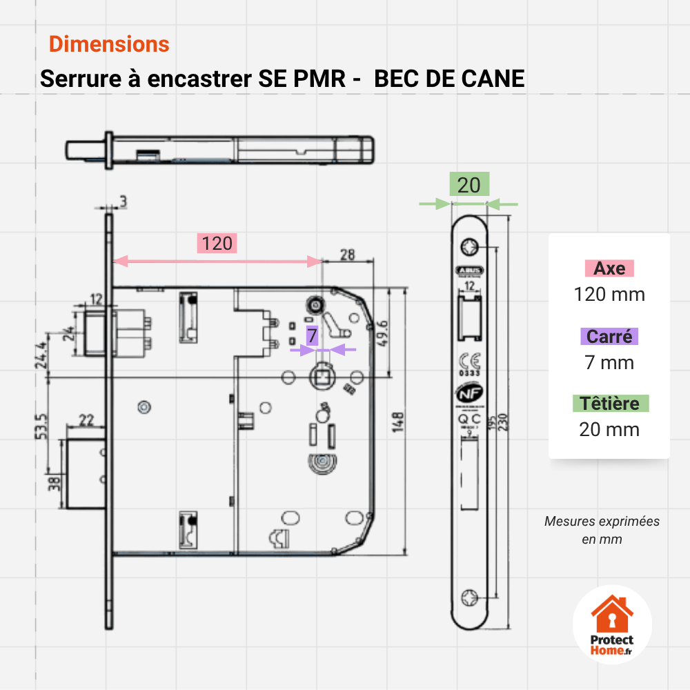 Schema des dimensions de la serrure encastrable abus PMR . bec de cane. Axe 120 mm. Carré de poignée 7 mm. Tetiere 20 mm.