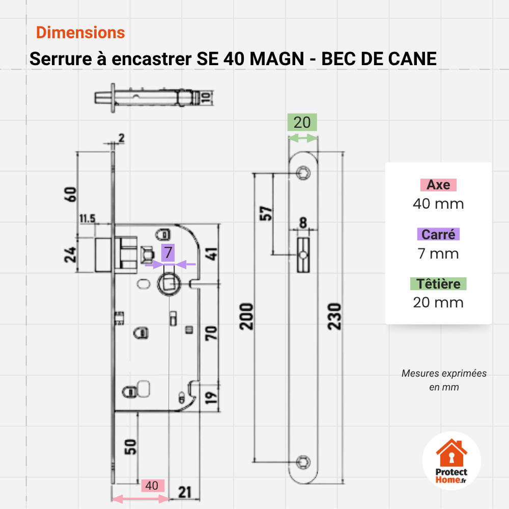 schema de mesure des dimensions de la serrure magnetique abus bec de cane. Axe 40 mm. Carre de poignée  7 mm. Tetiere 20mm.