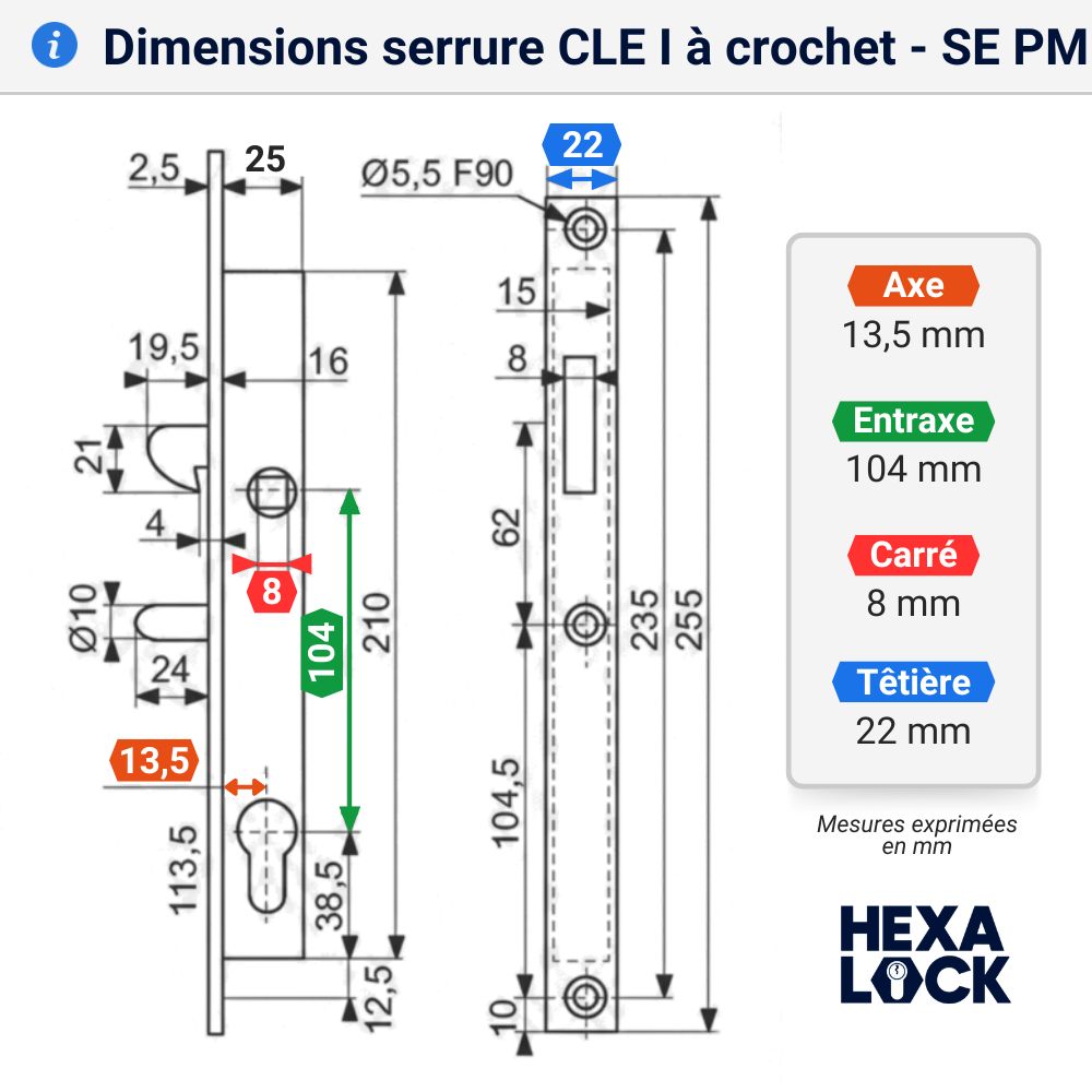 serrure encastrable a crochet abus se pm2. cylindre européen. Pour profil coulissant. POrte et portails dimensions