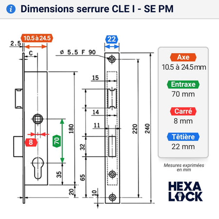 SE PM2 serrure à encastrer pour porte avec cle i  axe 10.5 à 24.5 dimensions