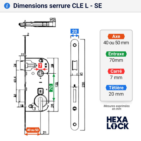 Serrure à encastrer cle L couleur blanche pour porte SE dimensions