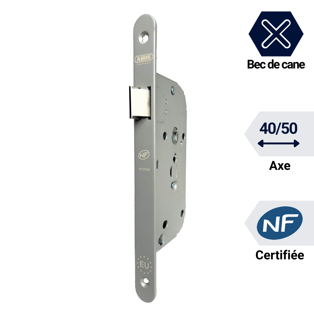 Serrure à encastrer bdc abus, sans clé. Gris argent. Certidé NFQC. Conforme norme européenne.
