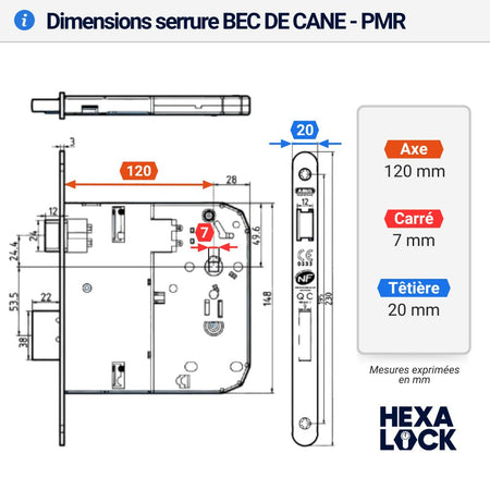serrure a encastrer orte pmr abus. BDC. Conforme norme ue. DIMENSIONS